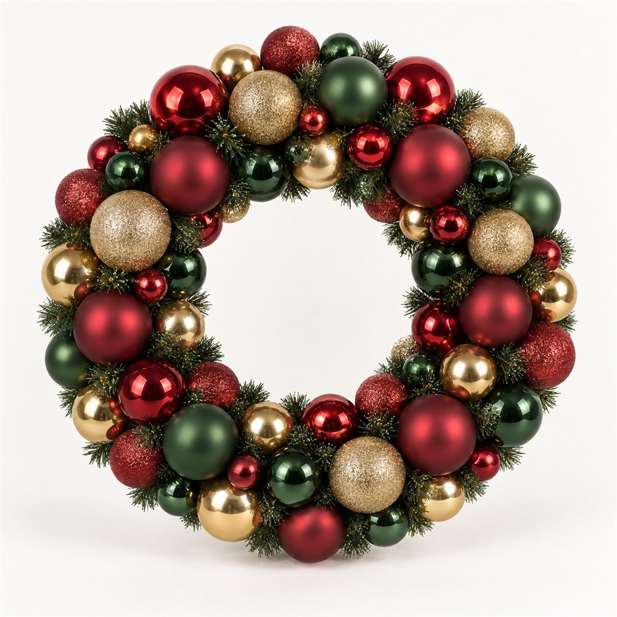 Luxury red green and gold Christmas bauble wreath